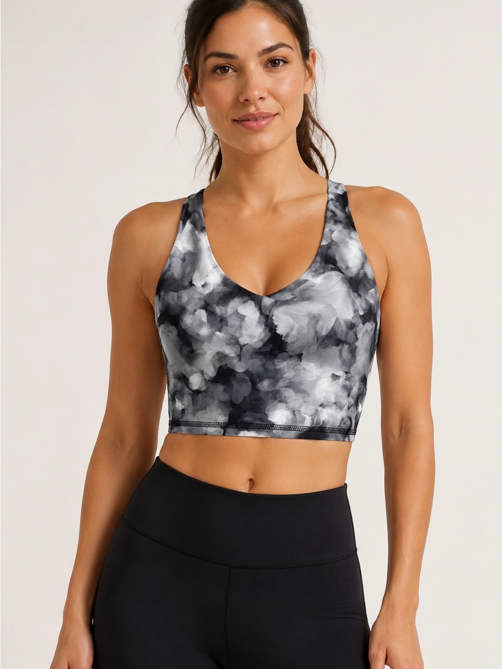 Printed Longline Sports Bra - Black & Gray